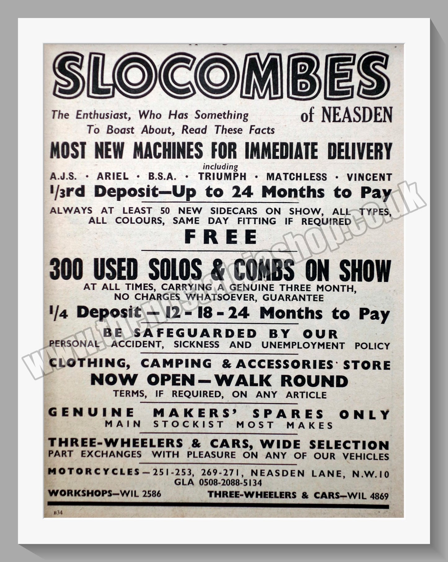 Slocombes of Neasden Motorcycle Dealerships. Original Advert 1954 (ref AD57324)