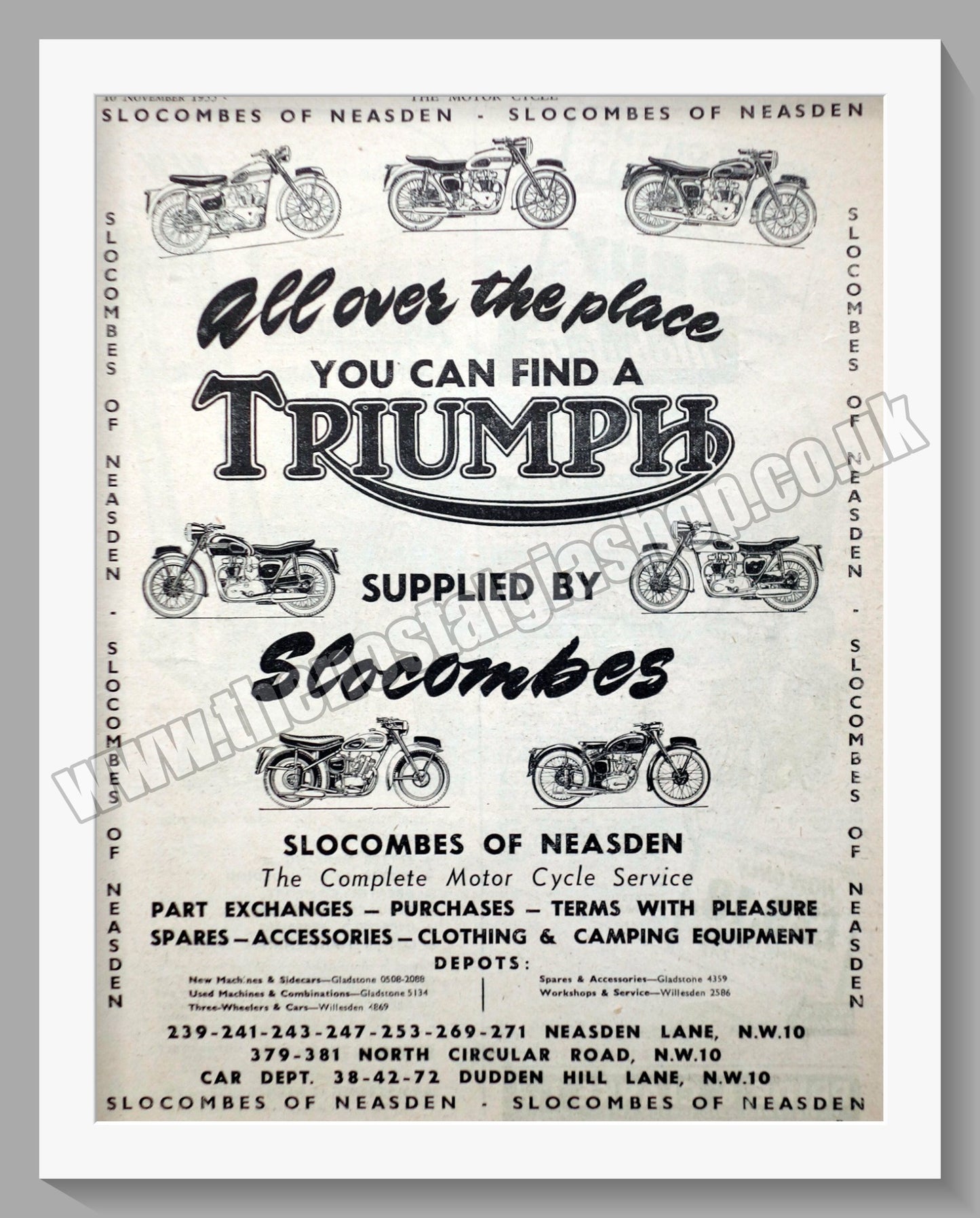 Slocombes of Neasden Motorcycle Dealerships. Original Advert 1955 (ref AD57326)