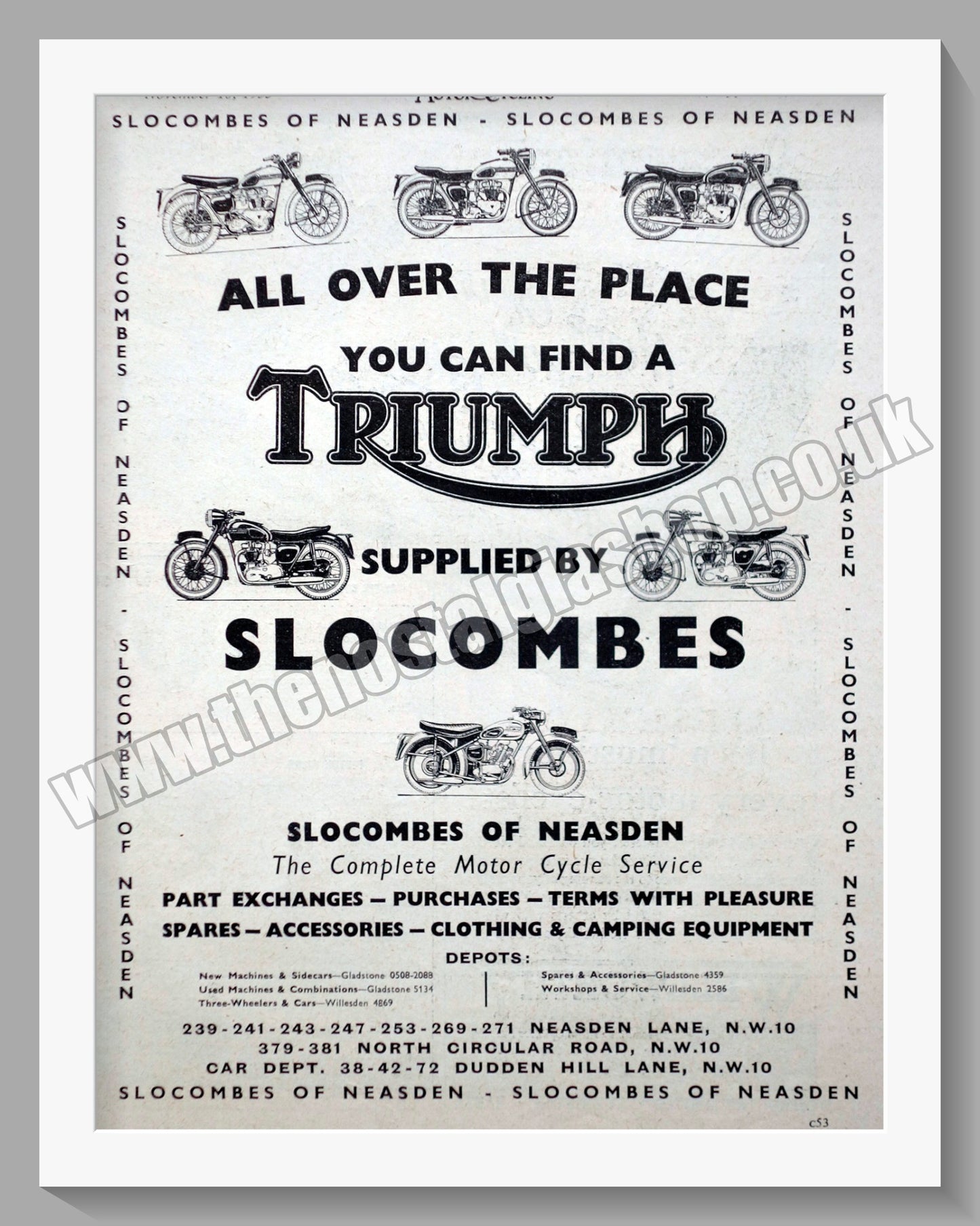 Slocombes of Neasden Motorcycle Dealerships. Original Advert 1955 (ref AD57327)