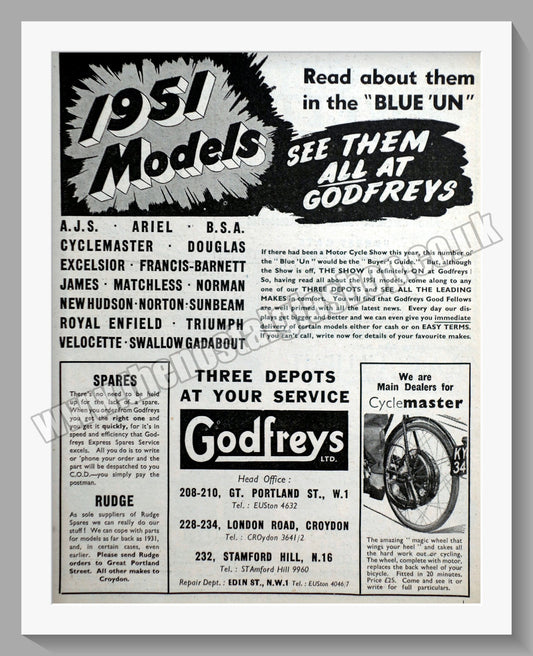 Godfreys Ltd Motorcycle Dealers. Original Advert 1950 (ref AD57332)