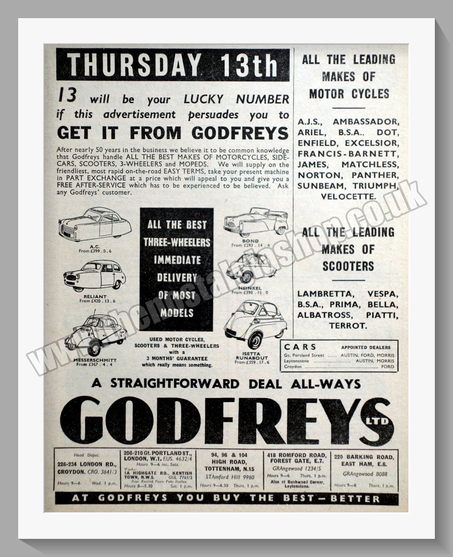 Godfreys Ltd Motorcycle Dealers. Original Advert 1957 (ref AD57333)