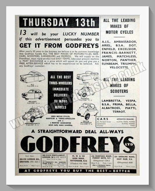 Godfreys Ltd Motorcycle Dealers. Original Advert 1957 (ref AD57333)