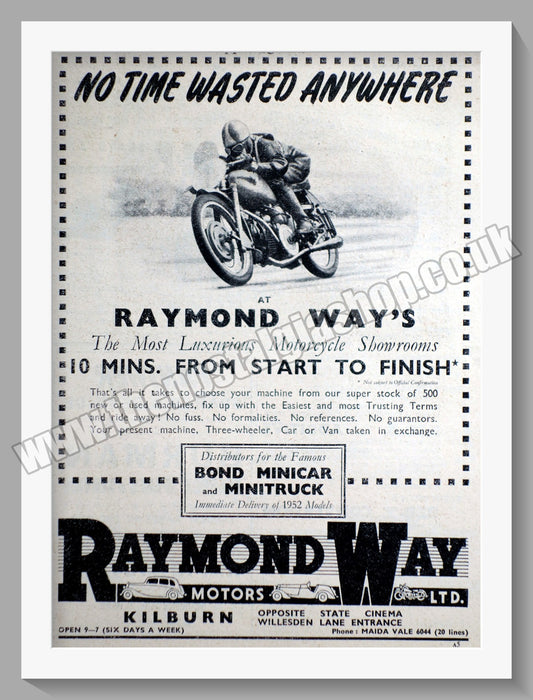 Raymond Way Motorcycle Dealers. Kilburn. Original Advert 1952 (ref AD57346)
