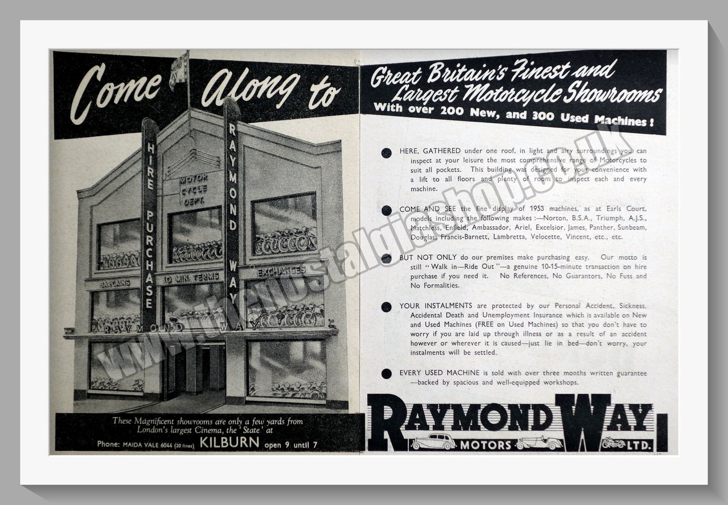 Raymond Way Motorcycle Dealers. Kilburn. Original Advert 1952 (ref AD57353)