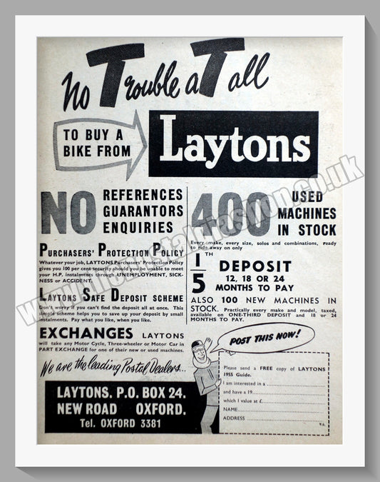 Laytons Of Oxford Motorcycle Dealers. Original Advert 1955 (ref AD57354)