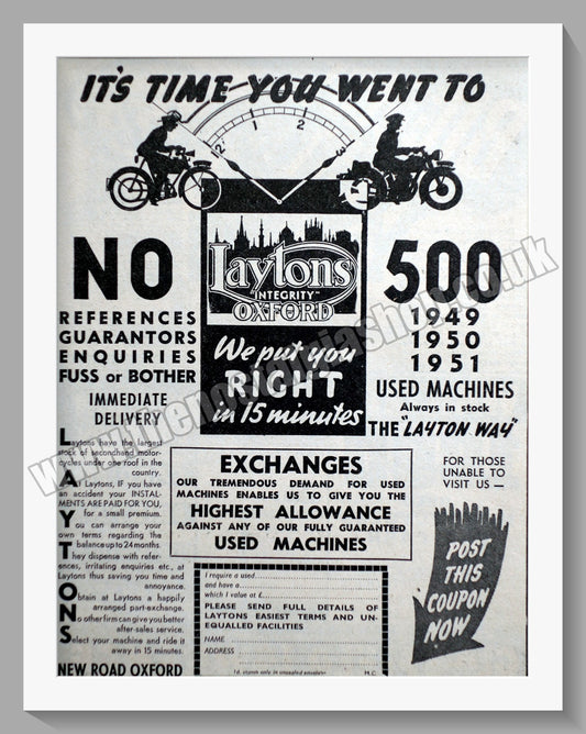 Laytons Of Oxford Motorcycle Dealers. Original Advert 1951 (ref AD57392)