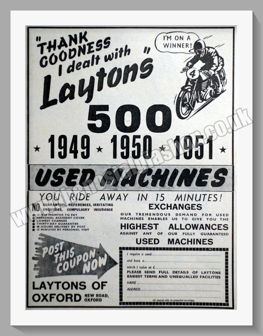 Laytons Of Oxford Motorcycle Dealers. Original Advert 1951 (ref AD57396)
