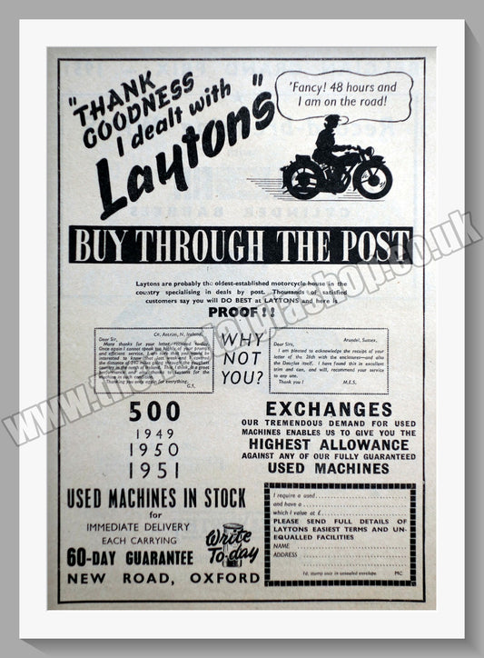 Laytons Of Oxford Motorcycle Dealers. Original Advert 1951 (ref AD57397)
