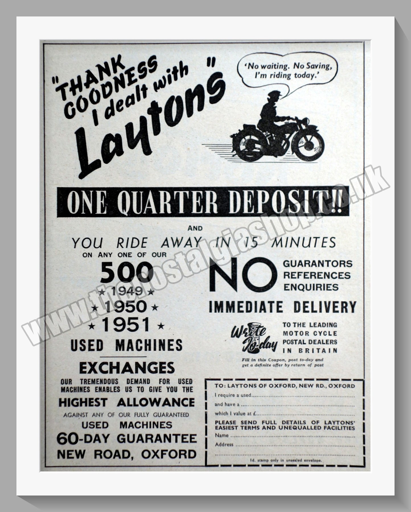 Laytons Of Oxford Motorcycle Dealers. Original Advert 1951 (ref AD57398)