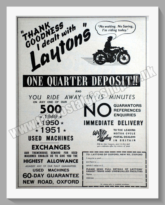 Laytons Of Oxford Motorcycle Dealers. Original Advert 1951 (ref AD57398)