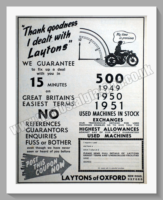 Laytons Of Oxford Motorcycle Dealers. Original Advert 1951 (ref AD57400)