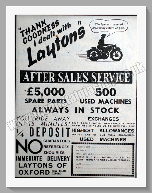 Laytons Of Oxford Motorcycle Dealers. Original Advert 1951 (ref AD57401)