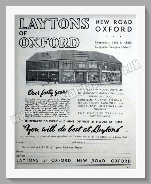 Laytons Of Oxford Motorcycle Dealers. Original Advert 1949 (ref AD57404)