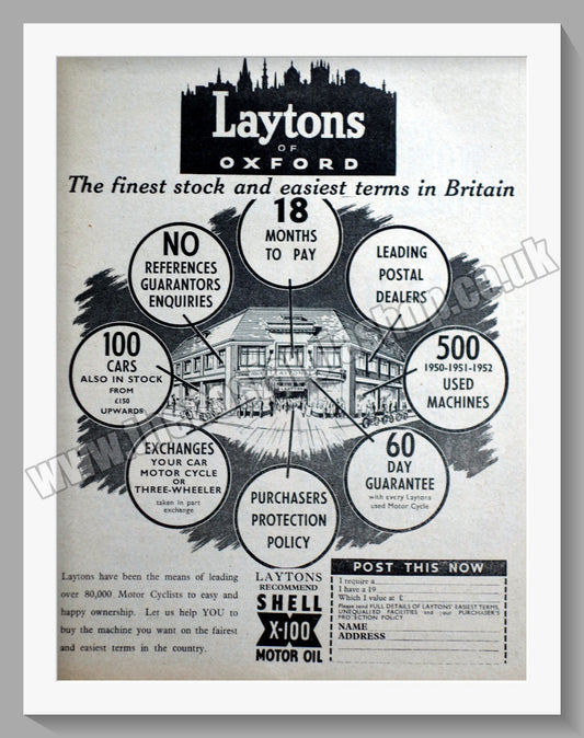 Laytons Of Oxford Motorcycle Dealers. Original Advert 1953 (ref AD6582)