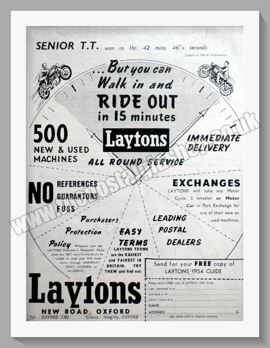 Laytons Of Oxford Motorcycle Dealers. Original Advert 1954 (ref AD57407)