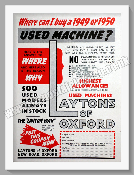 Laytons Of Oxford Motorcycle Dealers. Original Advert 1951 (ref AD57412)