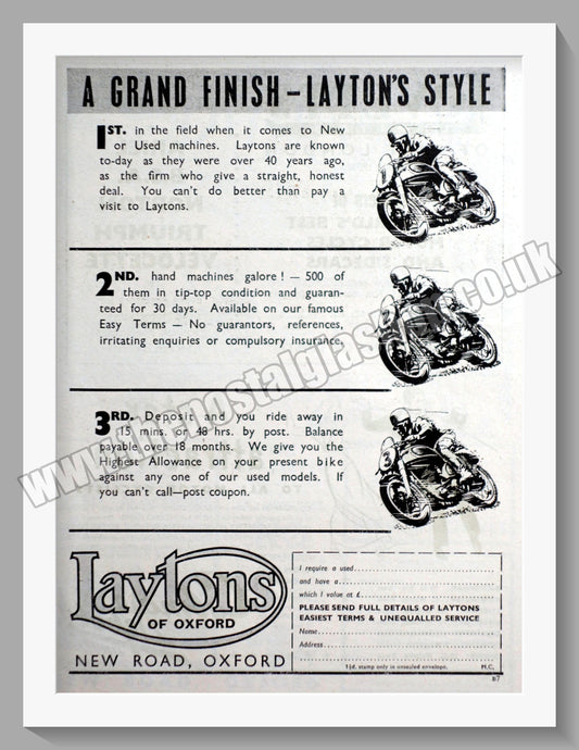 Laytons Of Oxford Motorcycle Dealers. Original Advert 1952 (ref AD57413)