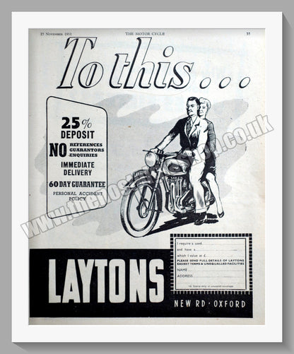 Laytons Of Oxford Motorcycle Dealers. Original Double Advert 1951 (ref AD57415)