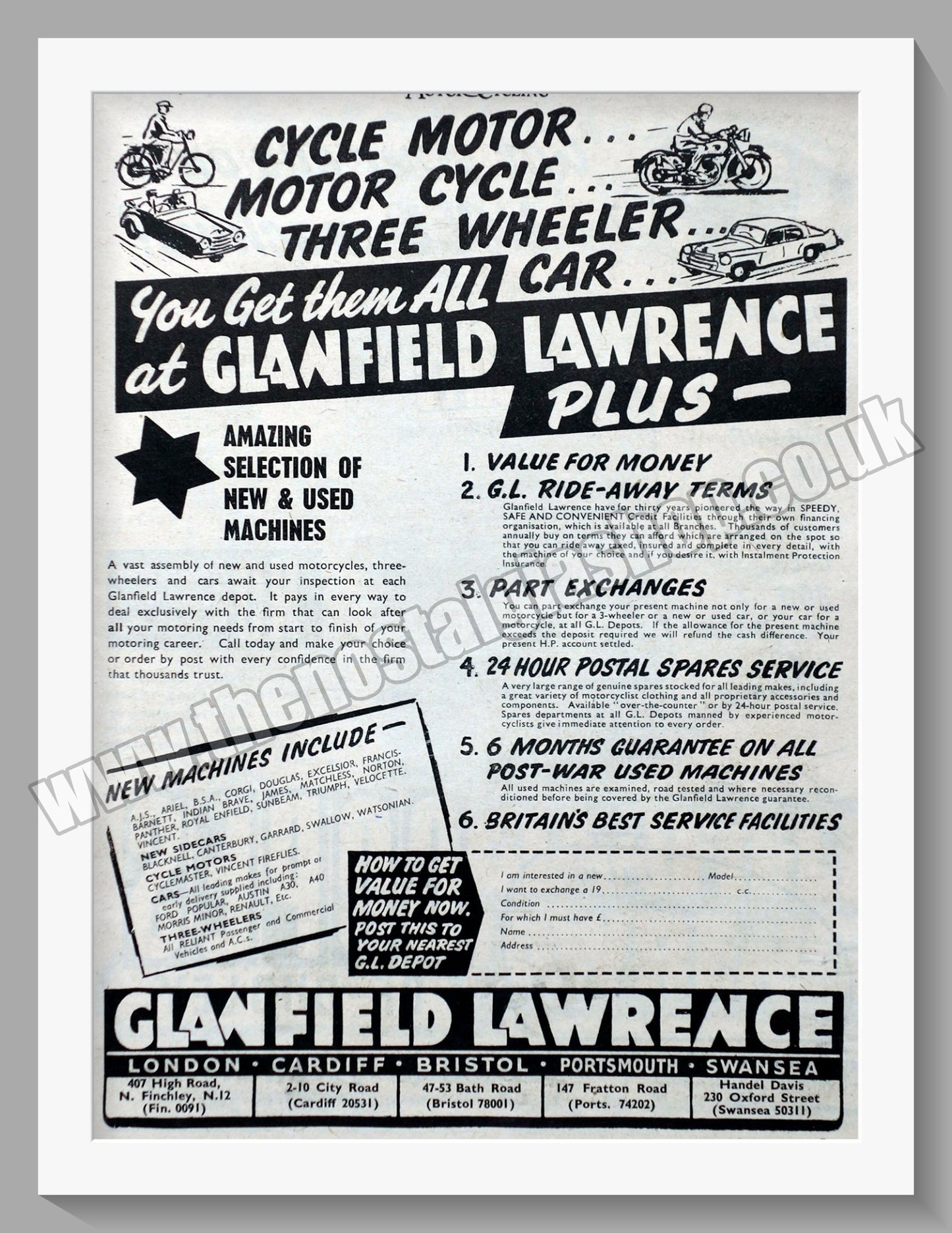 Glanfield Lawrence Motorcycle Dealers. Original Advert 1954 (ref AD57420)
