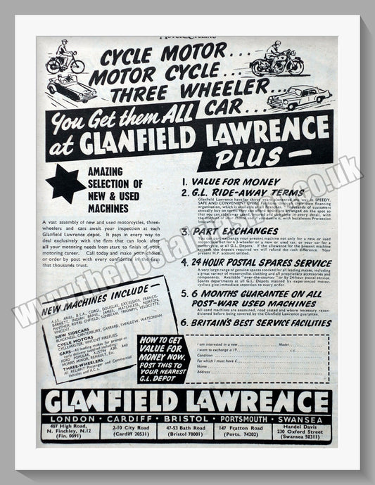 Glanfield Lawrence Motorcycle Dealers. Original Advert 1954 (ref AD57420)
