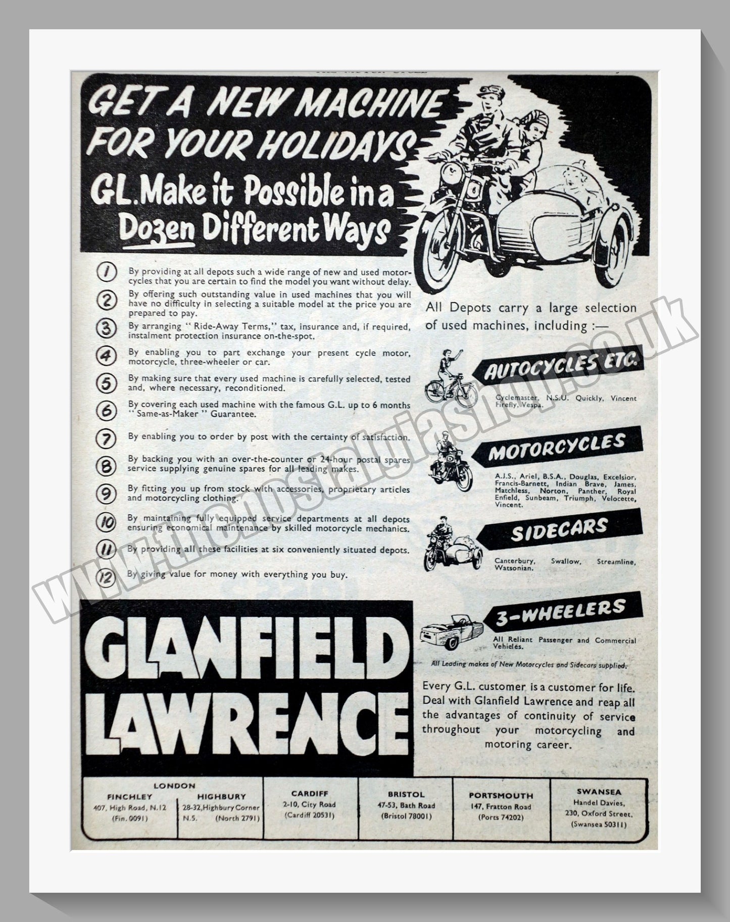 Glanfield Lawrence Motorcycle Dealers. Original Advert 1955 (ref AD57424)