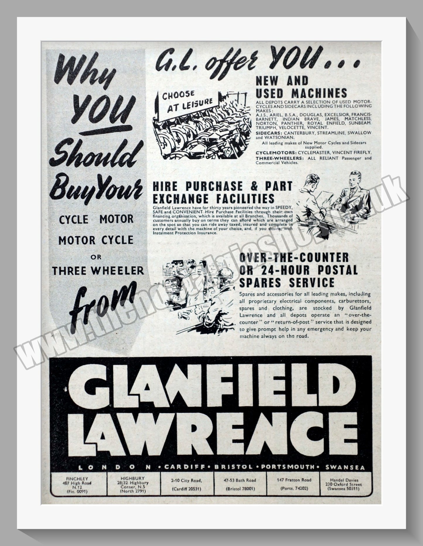 Glanfield Lawrence Motorcycle Dealers. Original Advert 1954 (ref AD57425)