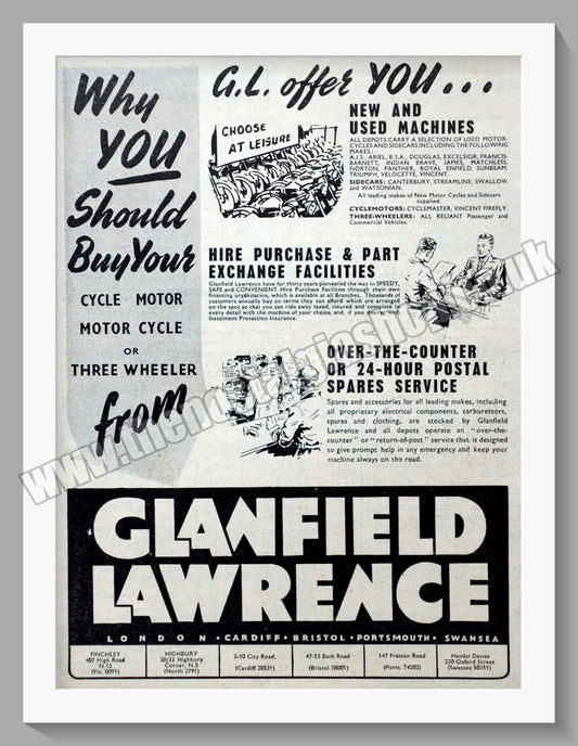 Glanfield Lawrence Motorcycle Dealers. Original Advert 1954 (ref AD57425)