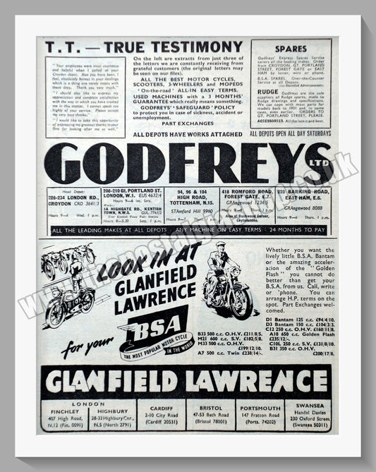 Glanfield Lawrence & Godfreys Motorcycle Dealers. Original Advert 1956 (ref AD57426)
