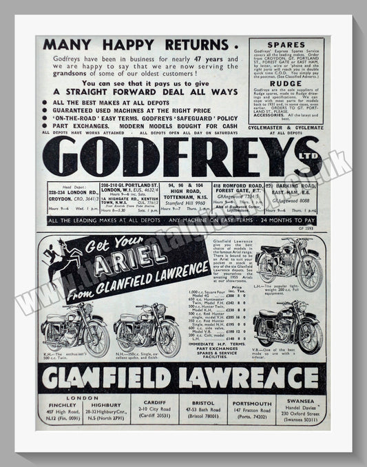 Glanfield Lawrence & Godfreys Motorcycle Dealers. Original Advert 1955 (ref AD57427)