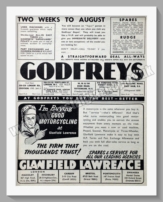 Glanfield Lawrence & Godfreys Motorcycle Dealers. Original Advert 1957 (ref AD57428)