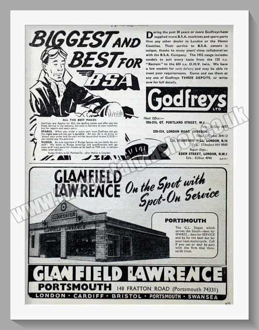 Glanfield Lawrence & Godfreys Motorcycle Dealers. Original Advert 1952 (ref AD57429)
