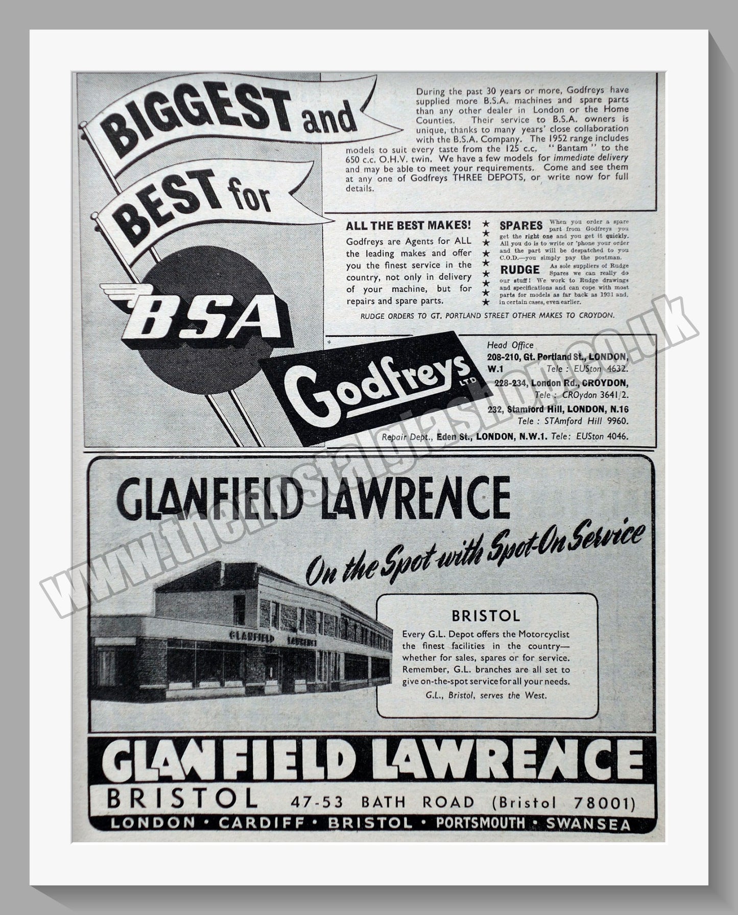 Glanfield Lawrence & Godfreys Motorcycle Dealers. Original Advert 1952 (ref AD57430)