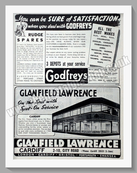 Glanfield Lawrence & Godfreys Motorcycle Dealers. Original Advert 1952 (ref AD57431)