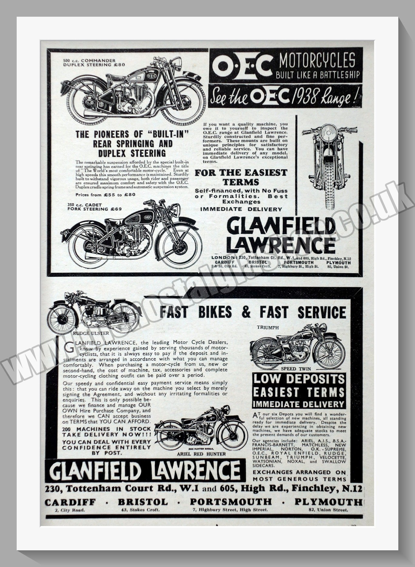 Glanfield Lawrence Motorcycle Dealer. Original Advert 1938 (ref AD57432)