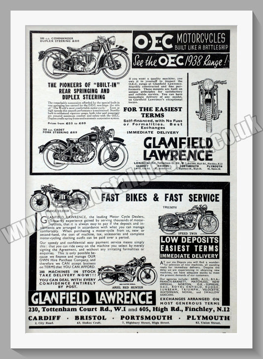 Glanfield Lawrence Motorcycle Dealer. Original Advert 1938 (ref AD57432)