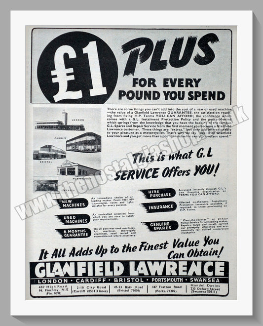 Glanfield Lawrence Motorcycle Dealer. Original Advert 1953 (ref AD57435)
