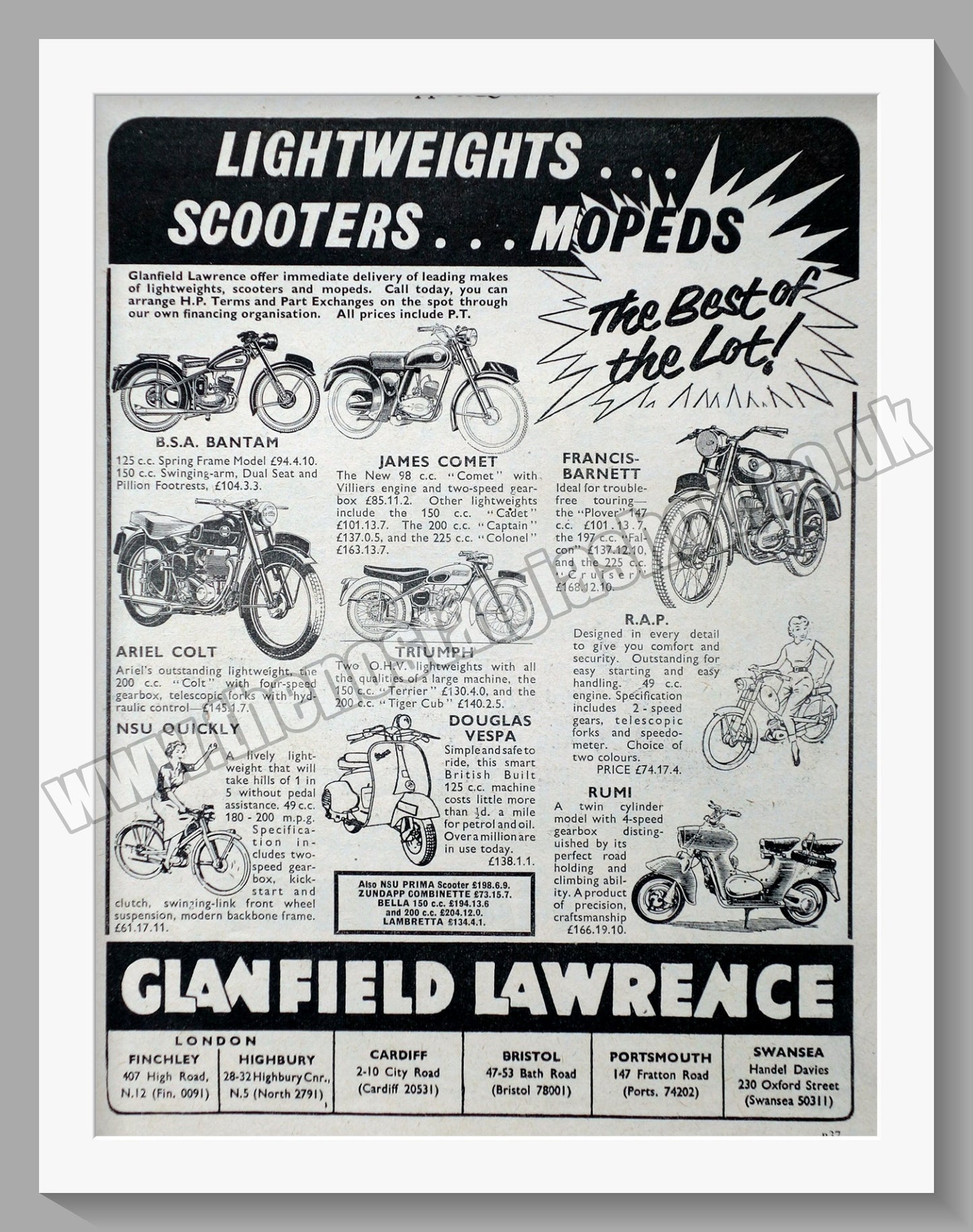 Glanfield Lawrence Motorcycle Dealer. Original Advert 1956 (ref AD57436)