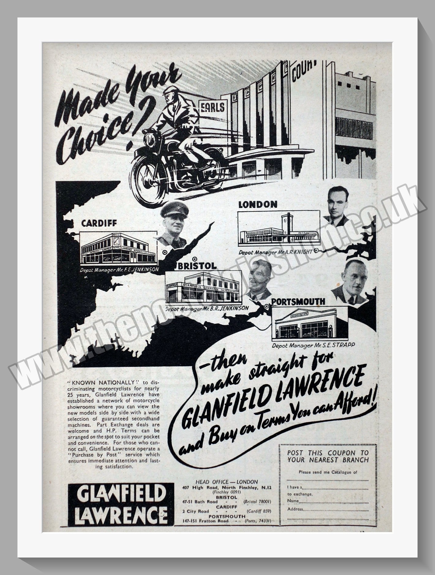 Glanfield Lawrence Motorcycle Dealer. Original Advert 1948 (ref AD57437)
