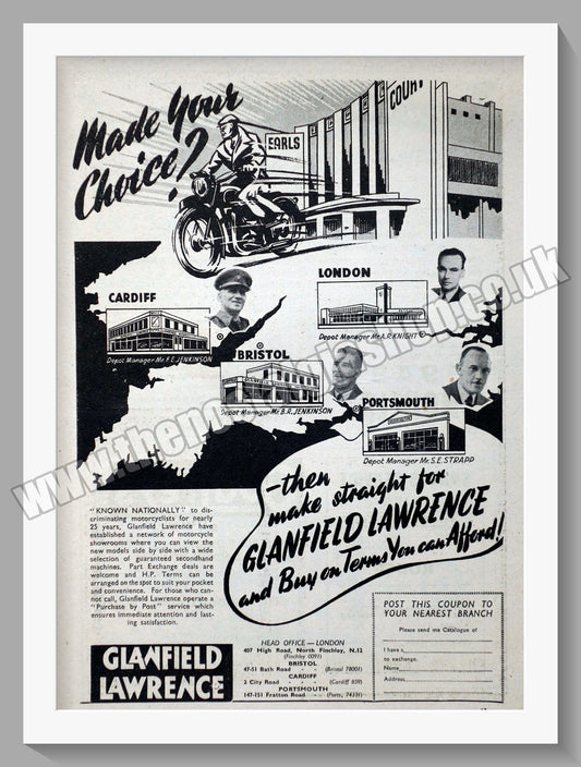 Glanfield Lawrence Motorcycle Dealer. Original Advert 1948 (ref AD57437)