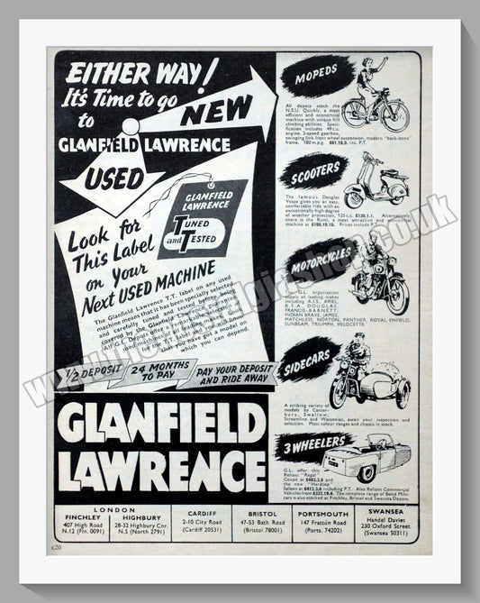 Glanfield Lawrence Motorcycle Dealer. Original Advert 1956 (ref AD57443)