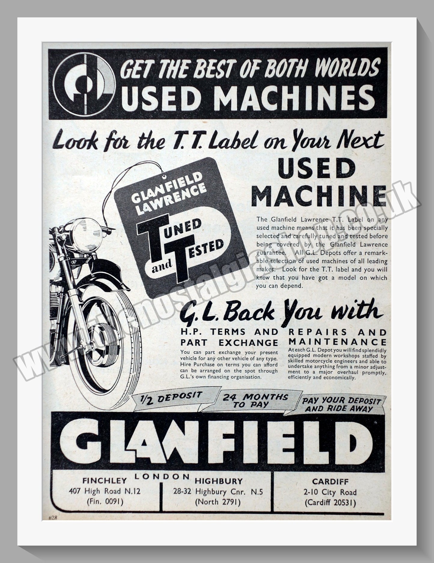 Glanfield Lawrence Motorcycle Dealer. Original Double Advert 1956 (ref AD57444)