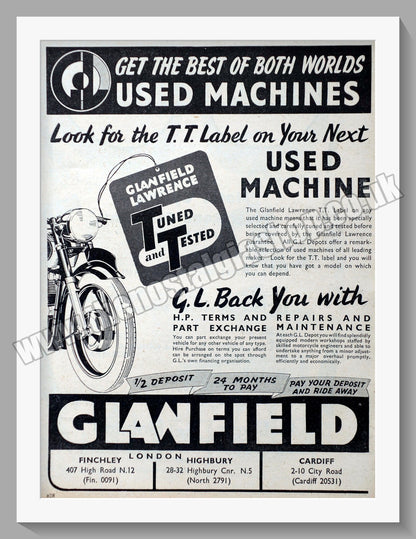 Glanfield Lawrence Motorcycle Dealer. Original Double Advert 1956 (ref AD57444)
