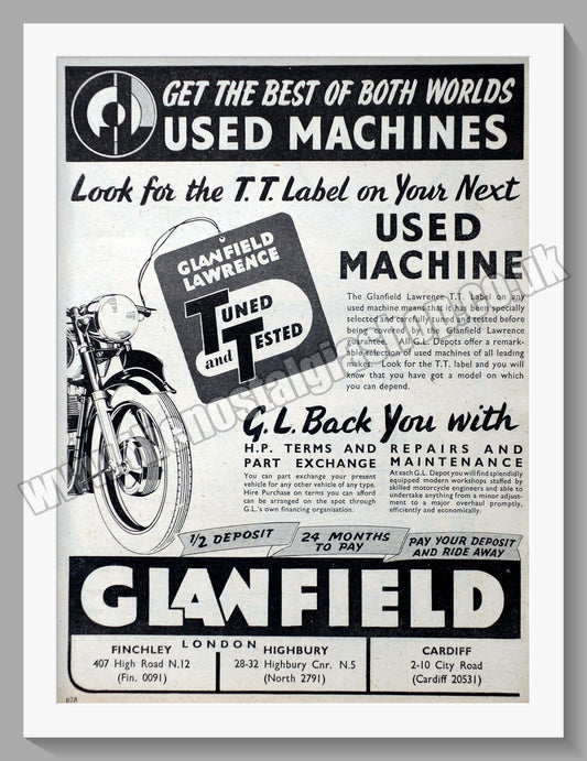 Glanfield Lawrence Motorcycle Dealer. Original Double Advert 1956 (ref AD57444)