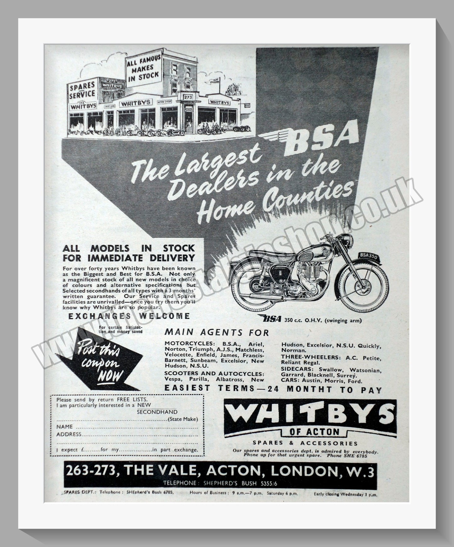 Whitbys Of Acton Motorcycle Dealer. Original Advert 1955 (ref AD57445)