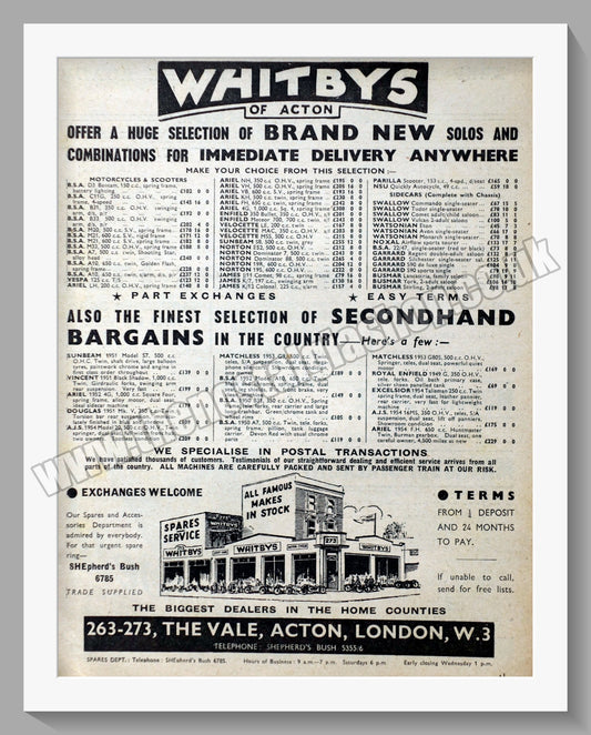 Whitbys Of Acton Motorcycle Dealer. Original Advert 1955 (ref AD57447)