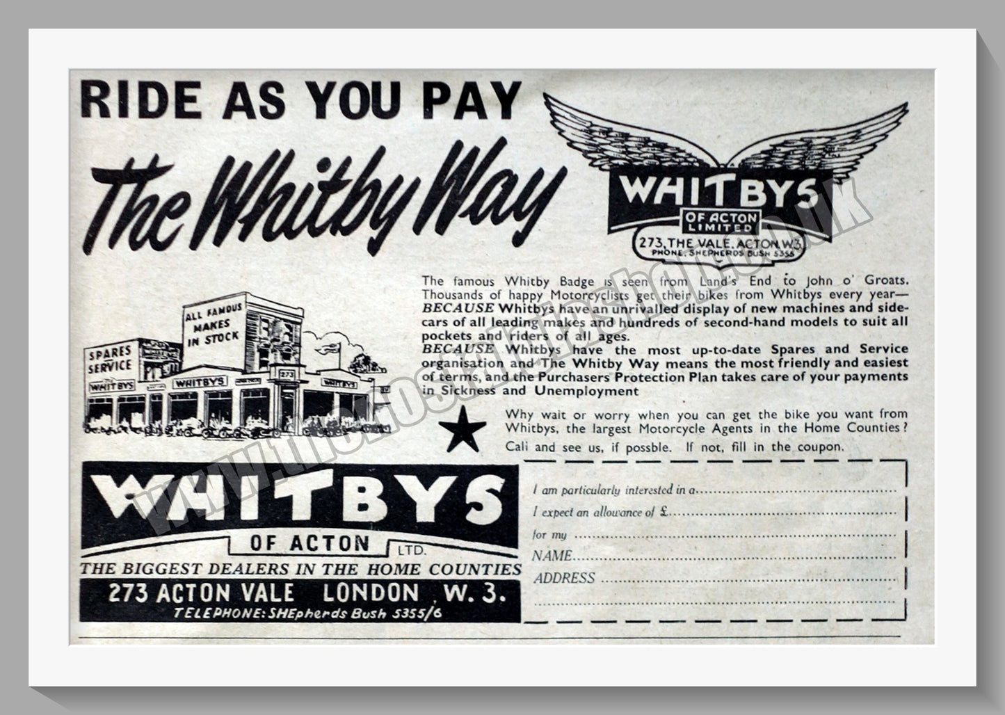 Whitbys Of Acton Motorcycle Dealer. Original Advert 1954 (ref AD57448)