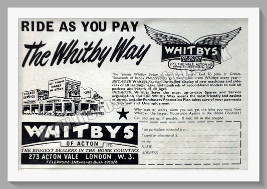 Whitbys Of Acton Motorcycle Dealer. Original Advert 1954 (ref AD57448)