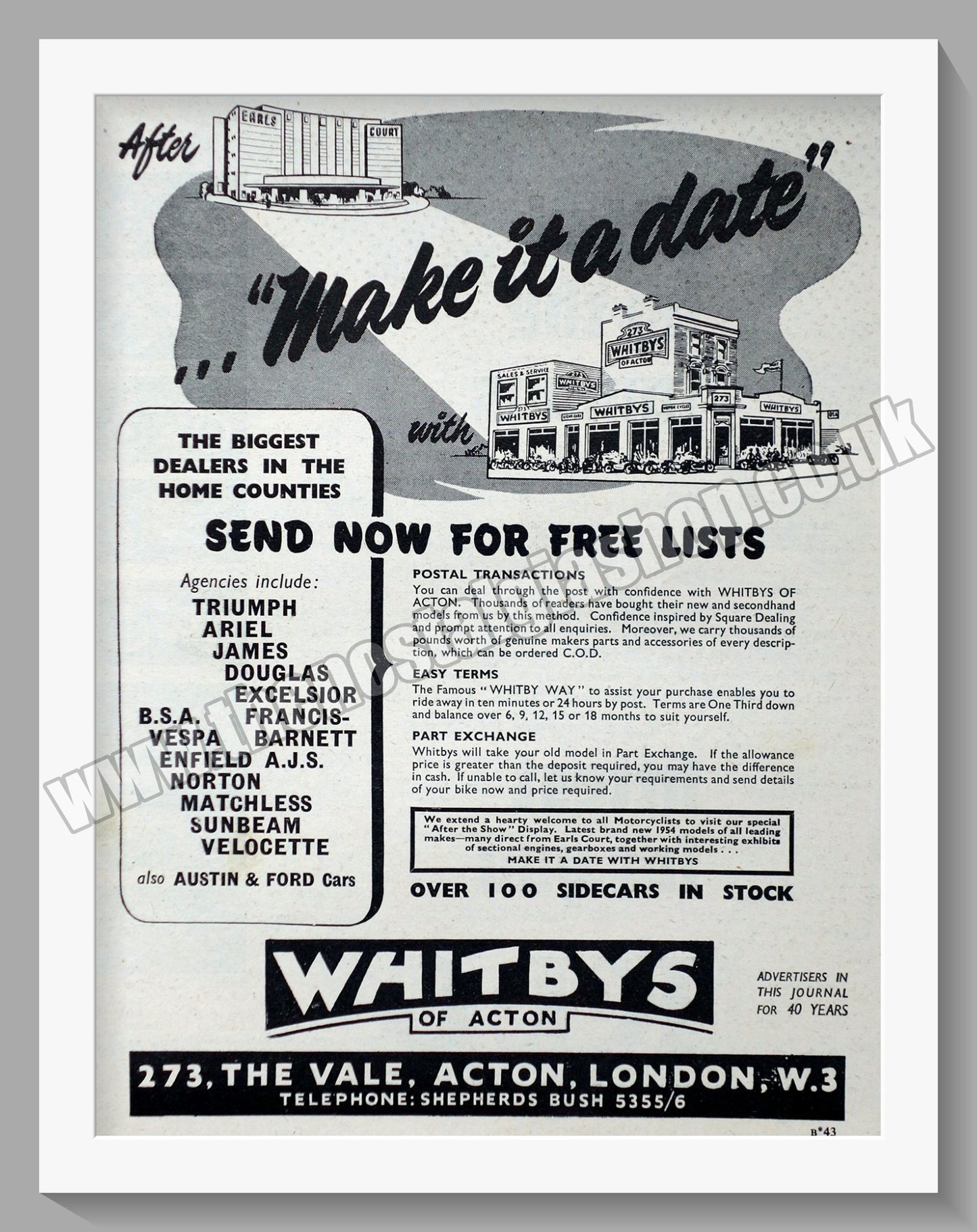 Whitbys Of Acton Motorcycle Dealer. Original Advert 1953 (ref AD57449)