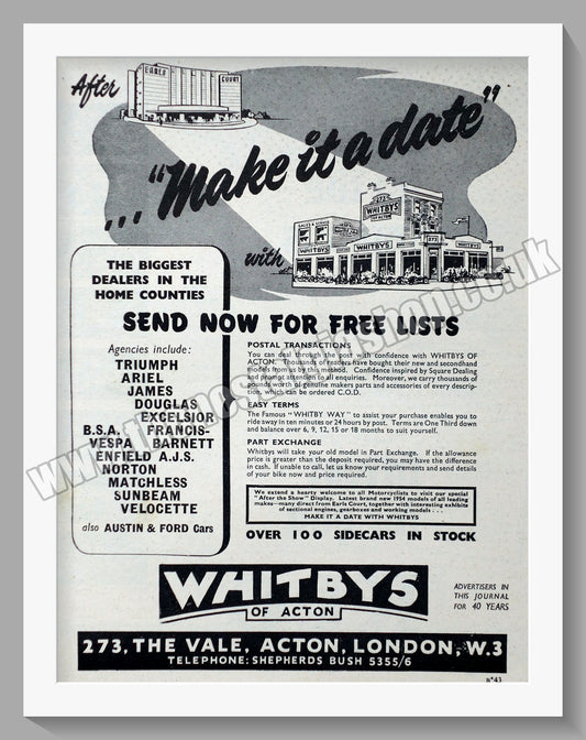 Whitbys Of Acton Motorcycle Dealer. Original Advert 1953 (ref AD57449)