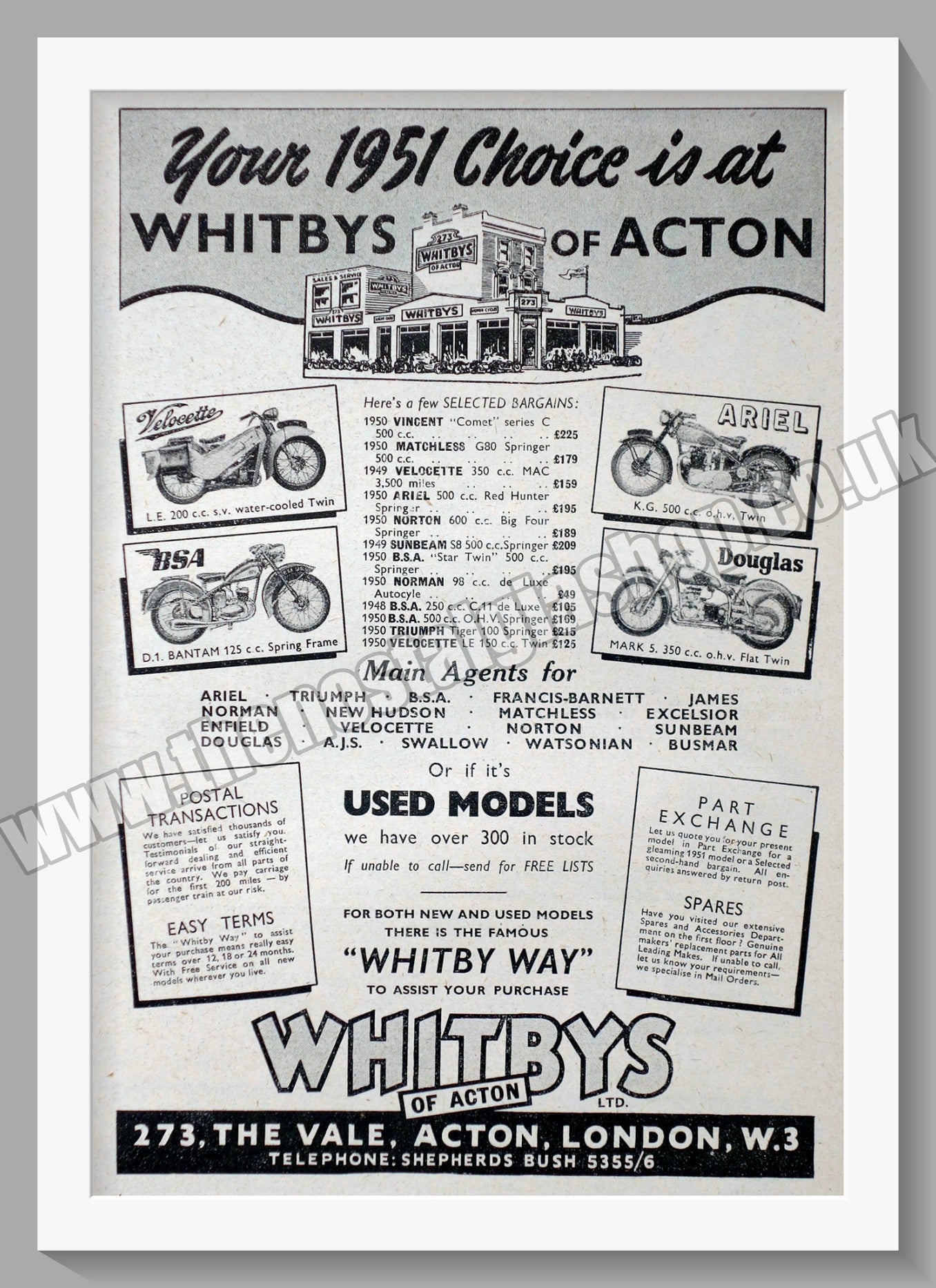 Whitbys Of Acton Motorcycle Dealer. Original Advert 1951 (ref AD57450)